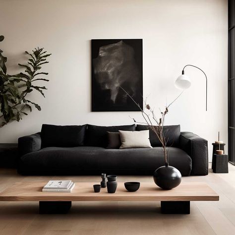 3+ Transformative Black Sofa Living Room Themes for Every Home • 333+ Images • [ArtFacade] Lounge Room Aesthetic Dark, Black Theme Interior Design, Wallpaper Living Room Black, Black With Wood Living Room, Black Leather Mid Century Sofa, Black Sofa And Wood Living Room, Black Couch Organic Modern, Japandi Black Couch, Dark Living Room Couch