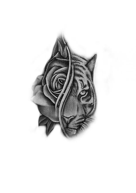 Half Tiger Half Rose Tattoo, Simple Hand Tats Men, Tiger And Rose Tattoo Design, Gangsta Style Drawings, Hand Tatts For Woman, Rose Tiger Tattoo, Rose Hand Tattoo Design, Tiger And Rose Tattoo, Simple Tiger Tattoo