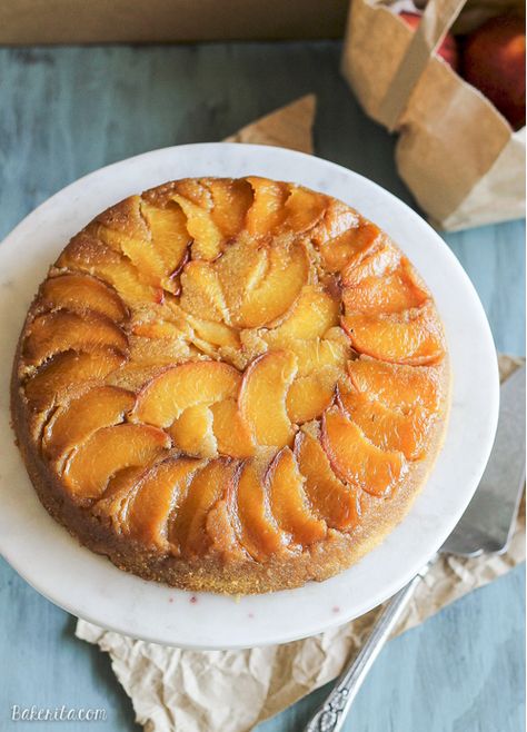 Peach Cornmeal Upside Down Cake • Bakerita Cornbread Cake Recipe, Peaches Baked, Cornmeal Cake, Cornbread Cake, Whipped Cream Desserts, Polenta Cake, Polenta Cakes, Flour Alternatives, Peach Cake