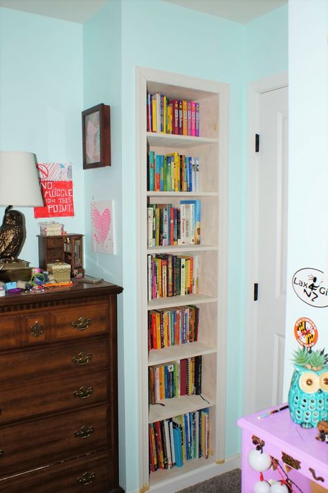 Use that Hidden Wall Space for a Recessed Bookcase » Cathartic Crafting Recessed Wall Bookshelf, Bookshelf Inside Wall, Wall Insets Ideas, Storage In Wall Studs Built Ins, Hidden Storage Behind Picture Frame, Hidden Room Behind Bookshelf, Bookcase In Wall, Wall Inset Ideas, Diy Recessed Shelves