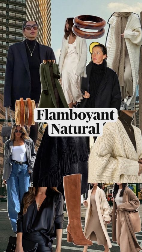 Flamboyant Natural: This type is characterized by relaxed yet dramatic style. Natural Kibbe Body Type, Flamboyant Natural Kibbe, Natural Kibbe, Flamboyant Natural, Dramatic Style, Fall Wear, Fashion Mood Board, Color Analysis, Weekend Style