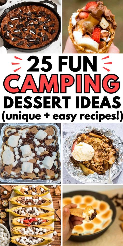 sweet campfire treats Fun Campfire Desserts, Campfire Finger Food, Camping Meals Desserts, Over The Fire Desserts, Dessert Over Campfire, Campout Food Ideas, Camping Food Desserts, Camping Deserts Over Fire, Desserts Over Campfire