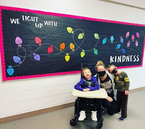 Light Up The World With Kindness Bulletin Board, Light Up With Kindness Bulletin Board, Shine Your Light Bulletin Board, Light Up The World With Kindness, Christmas Light Classroom Door, Spotlight Bulletin Board Ideas, Light Up The Season With Kindness, Winter Kindness Bulletin Board, Cup Of Kindness Bulletin Boards