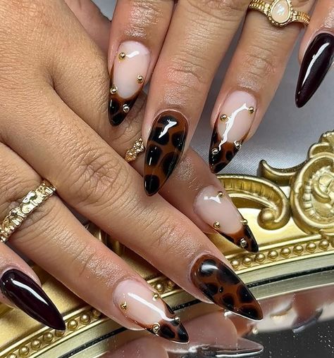 Fall Nails With Pearls, Tortoise Acrylic Nails, Black Nails With Cheetah Accent Nail, Birthday Nails Cheetah, Dark Cheetah Print Nails, Black French Tip Nails Ideas, Short Dark Almond Nails, Coffin Leopard Nails, Almond Tortoise Shell Nails