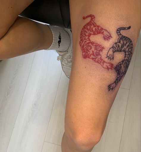 Red Calf Tattoo, Red And Black Tiger Tattoo, Twin Tiger Tattoo, Red Skull Tattoo, Tigers Tattoo, Dragon Sleeve, Dragon Sleeve Tattoos, Tattoo Templates, Red Ink Tattoos