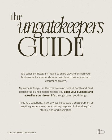 The Un-Gatekeepers Guide: A new way of sharing ways YOU can grow your business while waiting to *grow your business*. 👉introducing a bi-weekly series offering ways to unstuck your business. ❤️Not everyone is ready or able to commit to scaling their business, but anyone can learn from my 8 years of experience as a creative director, designer, and marketing manager. �💕I’m Tonya, the creative mind behind @boothandbard a creative studio marrying business and pleasure to help souls like YOU actu... Business And Pleasure, Creative Mind, Wellness Coach, Marketing Manager, Grow Your Business, Creative Studio, Growing Your Business, Creative Director, Dream Life