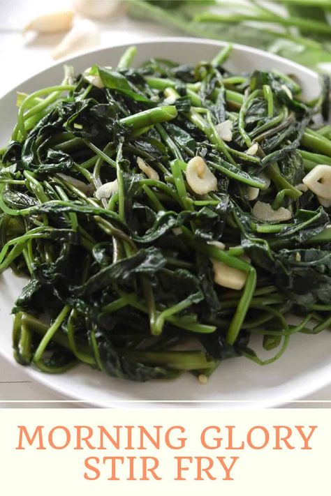 Morning glory (known as rau muống in Vietnamese) is a popular Southeast Asian water spinach. This is an earthy and hearty vegetable, quickly stir fried with garlic and a bit of fish sauce. A great vegetarian side that pairs well with many rice entrees. Pork Broth, Water Spinach, Viet Food, Vietnam Food, Soup Dish, Vegetarian Sides, How To Wash Vegetables, Salad Toppings, Leafy Vegetables