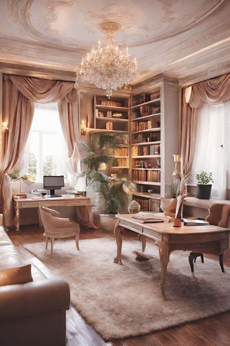 Luxury Study Room Design, Office And Library Combo, Classy Home Office, Makeshift Desk, Girly Office Space, Feminine Home Office Classy, Lawyer Office Interior, Millionaire Aesthetic, Old Money Office