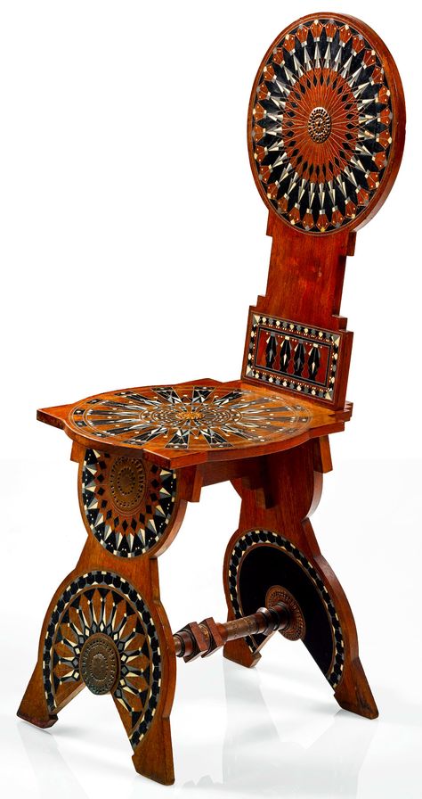 Sgabello (Stool) chair - Carlo Bugatti, circa 1900. Carlo Bugatti, Fret Work, Sothebys Art, Kalay, Art Nouveau Furniture, Mosaic Inlay, Door Design Modern, Fantastic Furniture, Funky Furniture