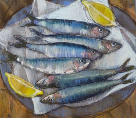 Six Sardines for Supper pastel Felicity House Felicity House, Aquatic Art, Jellyfish Art, Pastel Artwork, Fish Illustration, Food Painting, Still Life Drawing, Daily Painting, Fish Painting