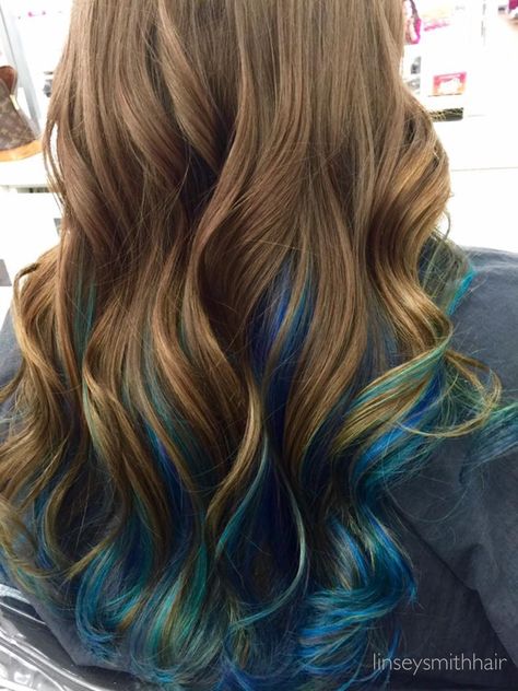 Brown hair with blue peekaboos Hair Ideas For Brown Hair, Brown Hair With Blue, Blue Hair Ideas, Blue Peekaboo, Blue Brown Hair, Blue Hair Highlights, Ideas For Brown Hair, Brown To Blonde Balayage, Peekaboo Highlights