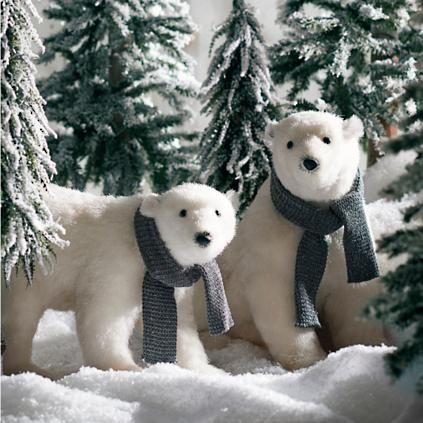 Walking Polar Bear with Scarf | Grandin Road Fur Tree, Polar Bear Christmas, White Polar Bear, Fir Christmas Tree, Pine Christmas Tree, Faux Snow, Bear Christmas, Bear Decor, Grandin Road