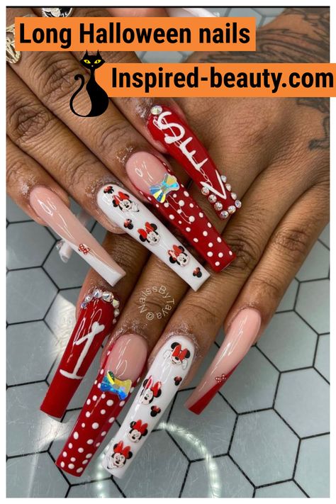 Long Halloween nails: Red and Mikey Mose nails Spooky Coffin Nails, Long Halloween Nails, Nail Designs Spooky, Halloween Nails Red, Minnie Mouse Nail Art, Disney Acrylic Nails, Minnie Mouse Nails, Halloween Acrylic, Halloween Acrylic Nails