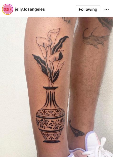 Legs Tattoo Ideas, African Vase Tattoo, Mexican Vase Tattoo, Japanese Vase Tattoo, Peace Lily Tattoo, Flower Pot Tattoo, Talavera Tattoo, Greek Vase Tattoo, Vase Tattoo Design