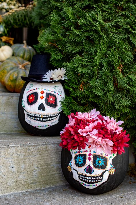 Painted Sugar Skull Pumpkins, Pumpkin Painting Ideas Dia De Muertos, Sugar Skull Painted Pumpkin, Day Of The Dead Pumpkin Painted, Sugar Skull Pumpkin Painting, Catrina Pumpkin, Dia De Los Muertos Party Ideas, Sugar Skull Pumpkin, Sugar Skull Painting