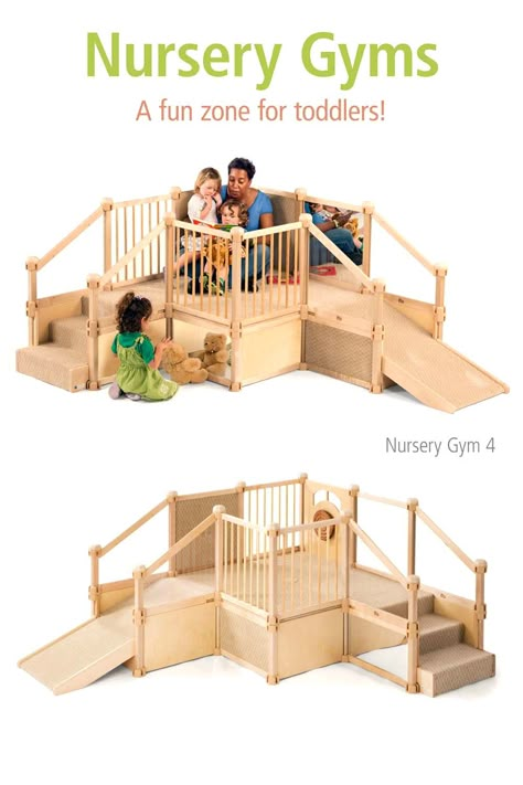 The Nursery Gym is a fun zone for toddler indoor active play! The large platform on the Nursery Gym model 4 easily accommodates a teacher and children, inviting positive interactions. Click through for details. Gym Daycare Decor, Kids Play Gym Indoor, Gym Childcare Room Play Areas, Indoor Toddler Gym, Playroom With Jungle Gym, Lovevery Play Gym, Active Playroom, Toddler Indoor Playground, Kids Play Centre