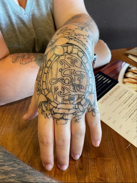 Session 2 of my Lord of the Rings tattoo sleeve. #lotr #lotrtattoo #hobbitdoor #lordoftherings Lotr Hand Tattoo, Lotr Tattoo Ideas, Lotr Sleeve, Book Tattoos, Lotr Tattoo, Rings Tattoo, Lord Of The Rings Tattoo, Hobbit Door, Elbow Tattoos