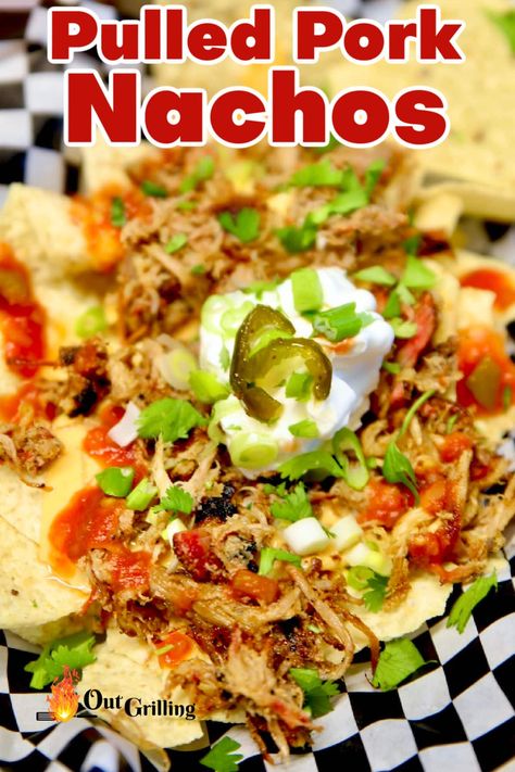 Pulled Pork Nachos are quick and easy to make with leftover smoked pork butt, easy queso, salsa and your favorite nacho toppings. This is our favorite recipe for a delicious plate of nachos. Beef Grilling Recipes, Leftover Smoked Pork, Pulled Pork Nachos Recipe, Pork Nachos Recipe, Easy Queso, Pulled Pork Enchiladas, Summer Entertaining Recipes, Nacho Toppings, Pulled Pork Nachos