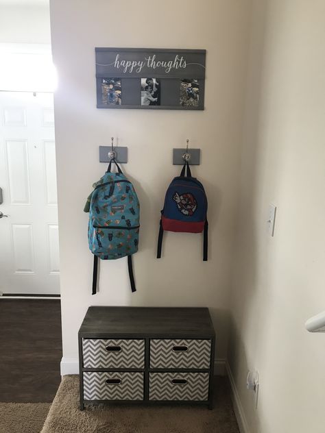 Backpack Organization At Home Small Space, Bagpack Storage Ideas, Book Bag Station At Home, Backpack Hanging Ideas Small Space, Backpack Holder Ideas, Bookbag Hanger, Backpack Hanging Ideas, Bookbag Organization, Backpack Storage Ideas