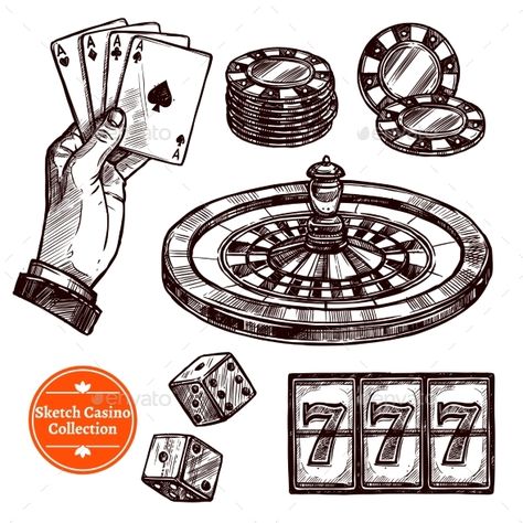 Hand drawn sketch casino collection with roulette cards chips jackpot dice elements vector illustration. Editable EPS and Render i Casino Drawing, Casino Illustration, Casino Tattoo, Drawing Heart, Gambling Machines, Theme Tattoo, Gambling Tattoo, Gambling Party, Gambling Quotes