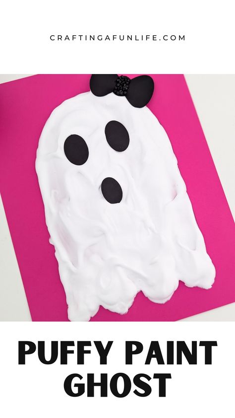 Create a ghost for Halloween using white liquid glue and foam shaving cream. DIY puffy paint ghost craft to celebrate Halloween at home or school. Preschool craft for Halloween. Ghost Craft For Toddlers, Ghost Toddler Craft, Halloween Puffy Paint, Ghost Art Activities For Preschool, Easy Ghost Craft Preschool, Ghost Activities For Toddlers, Puffy Paint Ghost, Toddler Ghost Craft, Puffy Ghost Craft