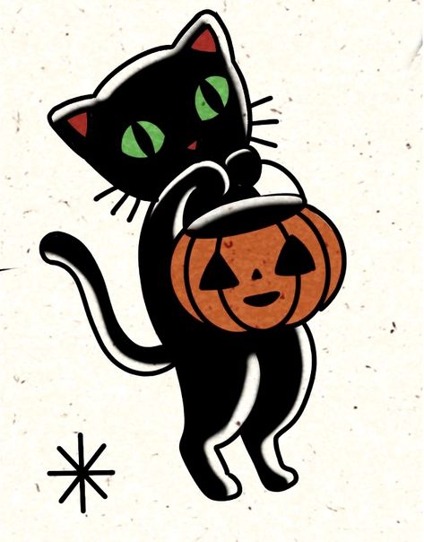 Cat With Pumpkin Tattoo, Halloween Cat Tattoo, Cat Ears Tattoo, Black Cat With Pumpkin, Ears Tattoo, Cat With Pumpkin, Halloween Flash, Pumpkin Tattoo, Girl Tattoo