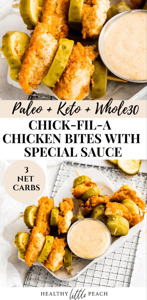 The BEST Chick-fil-A Bites that taste identical to the real thing. To top it off, this Special Sauce is LIFE. Not only are these bites kid friendly, but they are also Whole30, Keto and Gluten Free. Whole 40 Recipes, Paleo Recipes Family Friendly, Whole 30 Smoker Recipes, Whole 30 Super Bowl Food, Quick And Easy Paleo Recipes, Whole 30 Chips, Whole 30 On The Go, Whole 30 Snacks On The Go, Whole 30 Casserole