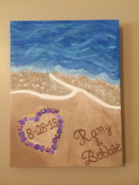 Couples Art Project, Beach Canvas Painting, Easy Dyi, Couples Canvas Painting, Beach Canvas Paintings, Painting Wedding, Painting Board, Wedding Canvas, Memory Boxes