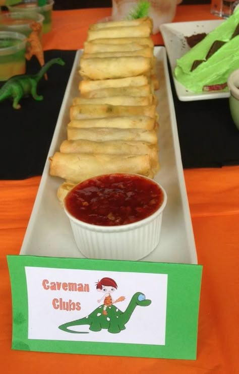 Dinosaur Party - caveman clubs Springrolls with sweet chilly sauce Flintstone Birthday, Caveman Party, Chilly Sauce, Flintstones Party, Dinosaur Birthday Party Food, Dinosaur Party Food, Dinosaur Food, Dinosaur Birthday Theme, Dinosaur Themed Birthday Party