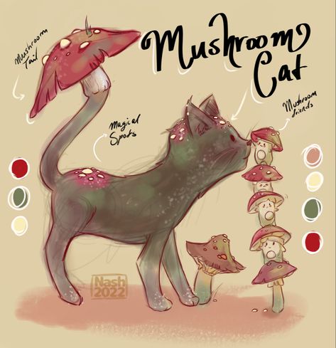 Mushroom Cat Painting, Cottagecore Cat Drawing, Cat And Mushroom Drawing, Cat With Mushroom Hat Drawing, Mushroom Dog Art, Mushroom Animals Drawing, Mushroom Animal Art, Mushroom Girlfriends Drawing, Cat In Forest Drawing