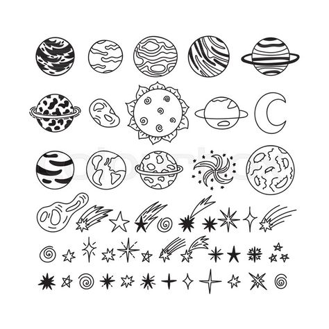 Stock vector of 'Hand drawn planets, stars, asteroids and other space objects. Cute doodle style. Sketch set of space elements and symbols. Universe, galaxy. Vector illustration' Space Objects, Galaxy Drawings, Space Doodles, Planet Drawing, Star Doodle, Space Drawings, Cute Doodle, Doodle Style, Kraf Diy