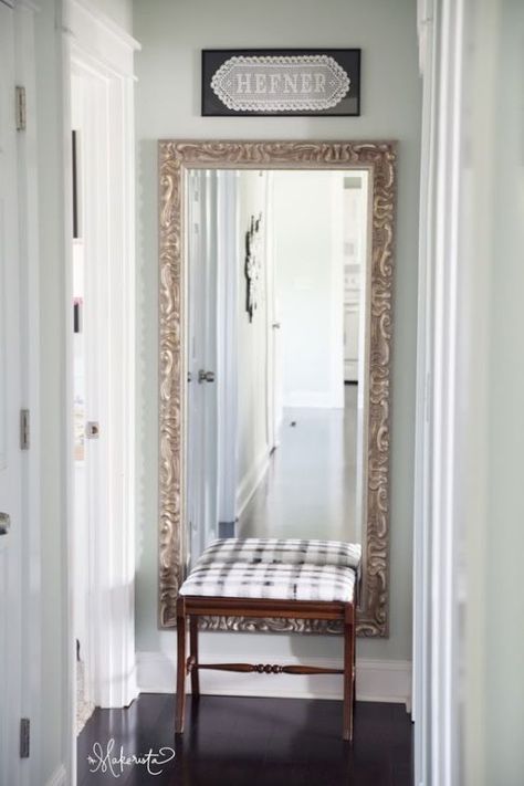 how-to-decorate-the-end-of-a-long-hallway-with-a-mirror-or-artwork-photo-via-makerista End Of Hallway Mirror, Striped Hallway, End Of Hallway, Hallway Mirror, Upstairs Hallway, Long Hallway, Foyer Decorating, Hall Decor, Small Hallways