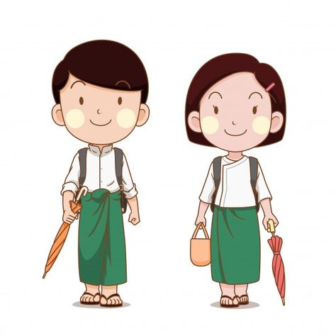 Cute couple of myanmar students going to... | Premium Vector #Freepik #vector #woman #man #girl #cartoon Thadingyut Festival, Valentines Day Doodles, Concept Drawing, Teacher Cartoon, Myanmar Art, Student Cartoon, Colorful Stationery, Balloon Illustration, Traditional Photo