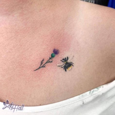 small minimalist Thistle Tattoos sofyartz Thistle Collarbone Tattoo, Thistle Finger Tattoo, Thistle And Bee Tattoo, Small Thistle Tattoo Simple, Minimalist Thistle Tattoo, Scottish Thistle Tattoos, Thistle Tattoo Simple, Thistle Tattoo Fine Line, Tiny Thistle Tattoo