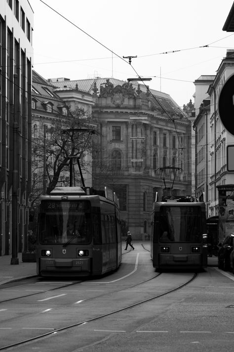 Black and White Urban Scene with Trams and classic architecture in Munich Classic Architecture, Munich, Black And White, Architecture, White, Black