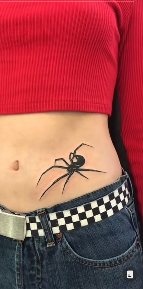 Spider Tattoo Lower Stomach, Spider Tattoo With Heart, Spider Tattoo Heart, Front Waist Tattoos For Women, Spider Waist Tattoos, Spider On Waist Tattoo, Black Widow Hip Tattoo, Spider With Heart Tattoo, Spider Tattoo On Waist