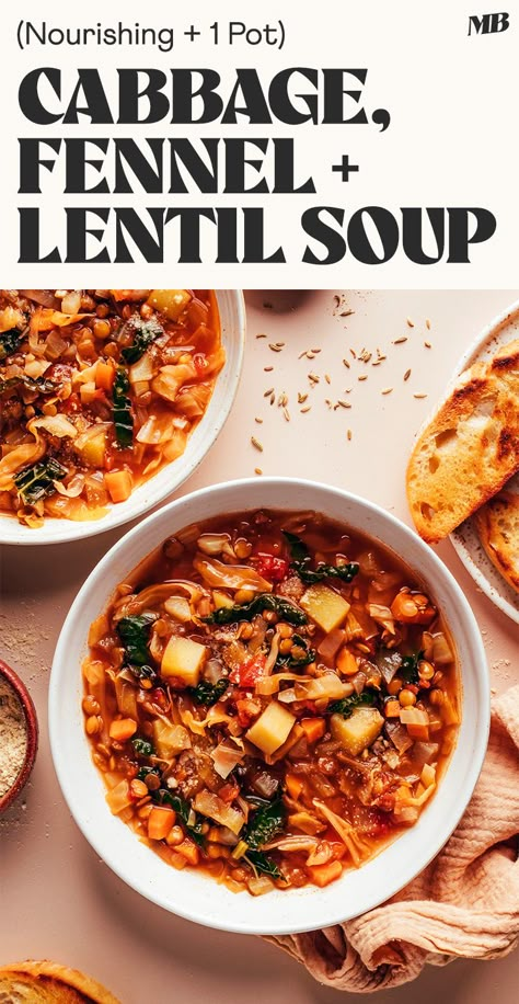 Comforting, 1-pot soup with cabbage, fennel, lentils, kale, and Italian-inspired seasonings. An easy, nourishing, gluten-free and plant-based meal! Vegan Gluten Free Soup, One Pot Vegan Meals, Beans Dinner, Soup With Cabbage, Vegan Garlic Bread, Kale Cabbage, Soup Night, Vegan Pepperoni, Food Polls