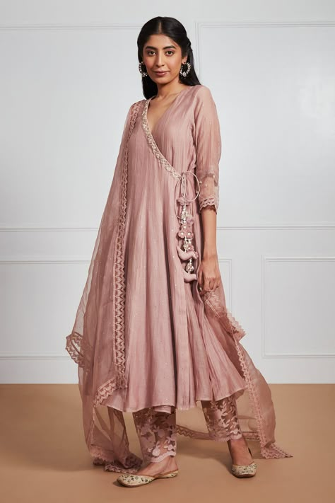 Shop for Label Mansi Nagdev Brown Malai Chanderi Nosheen Embroidered Angrakha Anarkali Set for Women Online at Aza Fashions Angrakha Anarkali, Angrakha Style, Heavy Dresses, Embroidered Anarkali, Anarkali Dress Pattern, Kurta Neck Design, Indian Dresses Traditional, Traditional Indian Outfits, Trendy Dress Outfits