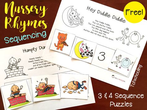 FREE printable set of Nursery Rhymes sequence puzzles, including Humpty Dumpty, Hey Diddle Diddle, Itsy Bitsy Spider, Baa Baa Black Sheep, Hickory Dickory Dock, Jack and Jill, and Three Blind Mice. Perfect for early literacy and reading comprehension for toddlers, preschool and kindergarten. Nursery Rhymes Kindergarten, Free Nursery Rhymes, Nursery Rhymes Preschool Crafts, Sequencing Events, Rhyming Preschool, Nursery Rhyme Crafts, Nursery Rhymes Preschool, Nursery Rhyme Theme, Nursery Rhymes Activities