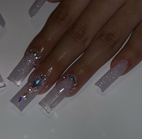 Rhinestone Nails With French Tip, Short French Tip Acrylic Nails Rhinestones, Glitter And Gem Acrylic Nails, Acrylic Nails Coffin Design Bling, White Nails With Glitter And Rhinestones, Glitter And Gem Nails, Long Clear Nails With Rhinestones, Prom Nails Diamonds, Quince Nails Silver