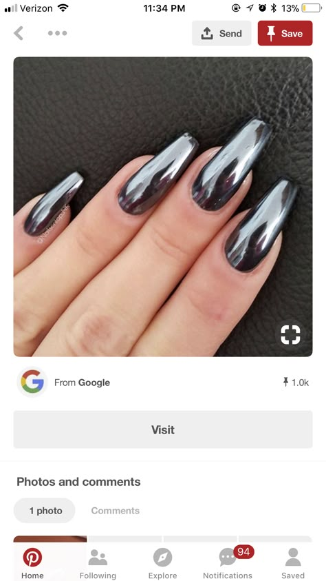 Black Crome Nails Coffin, Black Matalic Nails Color, Black Chrome Powder Nails, Grey Crome Nails, Black Nails With White Chrome, Dark Silver Chrome Nails, Dark Crome Nails, Black Chrome Nail Designs, Dark Gray Chrome Nails