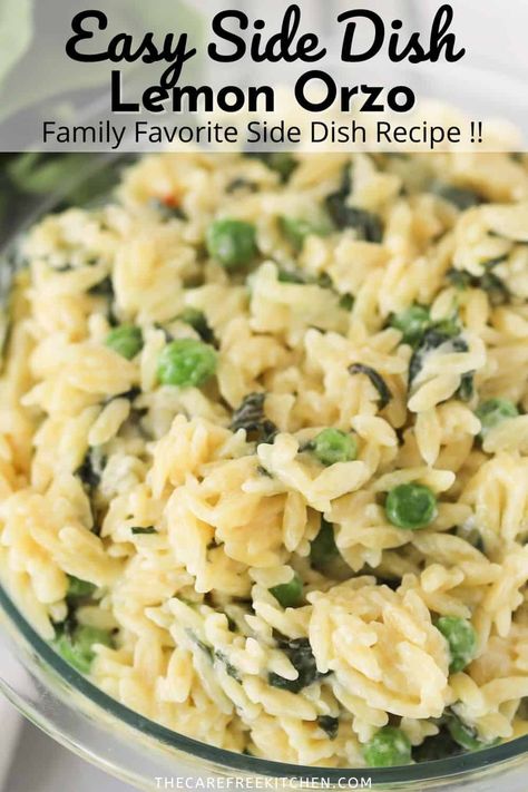 This creamy Lemon Orzo Pasta is a simple side dish that’s fresh, flavorful, and easy to make. It’s a one-pot orzo recipe that goes with all sorts of main courses. #thecarefreekitchen #lemon #orzo #pasta #sidedish #spinach #peas #onepot Orzo With Peas, Fresh Pea Recipes, Creamy Lemon Orzo, Lemon Orzo Pasta, Pasta Side Dish, Orzo Pasta Recipes, Orzo Soup Recipes, Tiny Pasta, Pasta Side