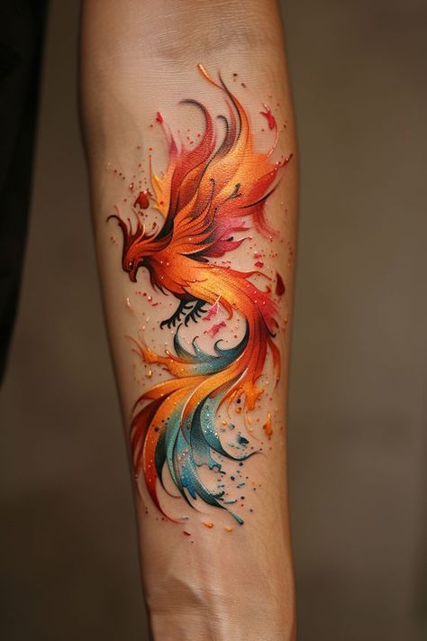 Phoenix Tattoo Design Colored, Purple Phoenix Tattoo, Pheonix Tattoo For Women On Arm, Phoenix Feather Tattoo Feminine, Color Phoenix Tattoo, Gold Dragon Tattoo, Colored Dragon Tattoo, Watercolour Tattoo For Women, Phoenix Color Tattoo