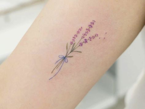 Blue Ribbon Tattoo Ideas, Lavender Tattoo Meaning, Flower And Semicolon Tattoo, Siyeon Tattoo, Blue Ribbon Tattoo, Tattoo Lavender, Delicate Tattoos For Women, Puzzle Tattoos, Cute Simple Tattoos