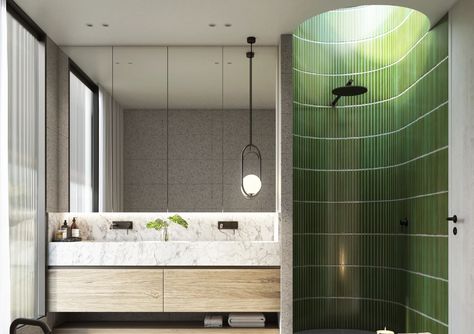 EMK Architects l Sydney Architect l New Houses and Duplex Architect Green Bathrooms Inspiration, Bathroom With Marble, Small Ensuite, Green Bathroom Vanity, Duplex Design, Residential House, Design Del Prodotto, Green Bathroom, Green Interiors