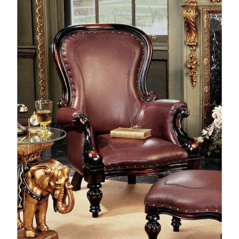 Design Toscano Victorian Rococo Faux Leather Wing Chair and Ottoman Rococo Chair, Leather Wing Chair, Wing Chairs, Sculptural Chair, Victorian Chair, Ottoman Design, Victorian Furniture, Reading Chair, Ottoman Set