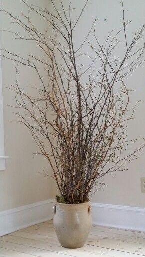 Natural tall branches in vintage crock fill an empty corner. Mod Bedroom, Tall Vase Decor, Corner Hutch, Vase With Branches, Indoor Plant Wall, Vintage Crock, Sitting Room Design, Natural Branches, Artificial Plant Wall