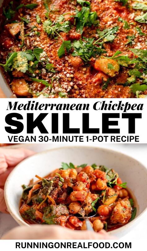 This healthy vegan Mediterranean chickpea skillet with spinach, zucchini and olives is easy to make in under 30 minutes for a healthy one pot meal. Chickpea Skillet, Pesto Chickpea, Vegan Skillet, Chickpea Spinach, Vegan Mediterranean, Mediterranean Chickpea, Healthy One Pot Meals, Chickpea Stew, One Pot Meal