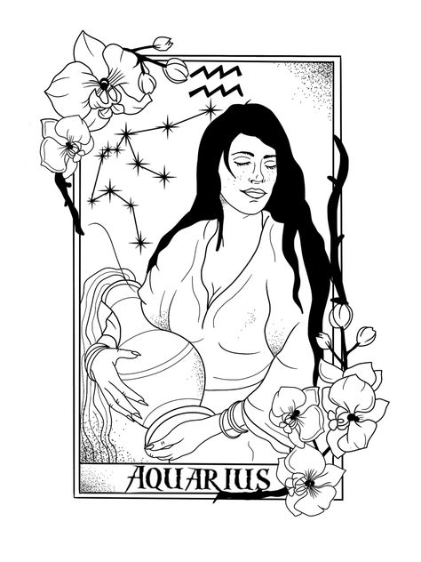 Aquarius Drawing Ideas, Zodiac Drawing Ideas, Aquarius Sketch, Starcodes Astro Oracle, Tarot Coloring Pages, Aquarius Tarot Card, Aquarius Tarot, Mystical Tattoos, Flower Orchid