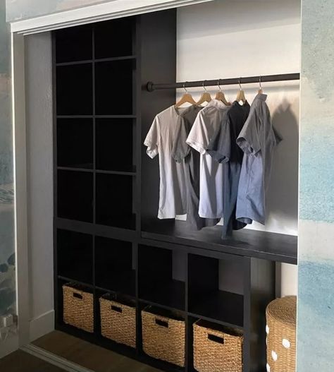 Kallax For Clothes Storage, Kallax Walk In Closet, Kallax Closet Organization, Ikea Kallax Closet Hack, Dressing Kallax Ikea, Ikea Diy Closet, Cube Storage In Closet, Kallax Clothes Storage, Kallax Wardrobe Hack